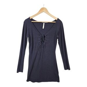 RVCA Womens Y2K Rib Knit Top Keyhole Neckline Long‎ Sleeve Tee Tunic Length